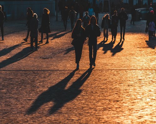 People walking gently in a green urban park during sunset
